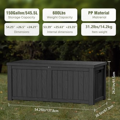 Outdoor Storage Box, 150 Gallon Waterproof Deck Box, Piston-Assisted Resin Trunk for Sectional Sofa Cushions, High-Capacity Lockable Double Storage Bench, Patio Lounge, Black