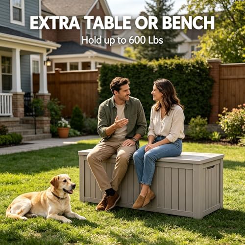 LAUSAINT HOME 150 Gallon Resin Deck Box, Package Delivery Box with Lockable Lid, Waterproof Outdoor Storage Box For Garden Tools, Patio Cushions(150 Gallon,Grey)