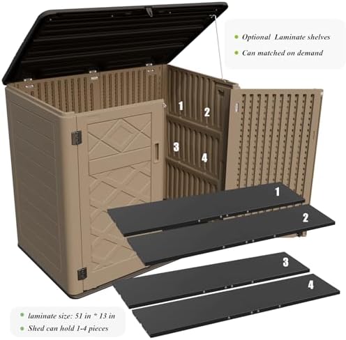 ZZM Large Outdoor Storage Shed, 48 Cu Ft Resin Versatile Storage Cabinet for Patio Accessories, Trash Cans & Garden Tools, Durable Horizontal Storage Box with Lockable Lid (Coffee)