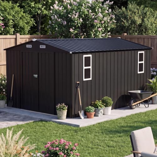 LAUSAINT HOME 10 x 12 FT Outdoor Storage Shed with Windows, Heavy Duty Galvanized Steel Storage Shed with Double Lockable Doors, Gable Roof & Air Vent for Backyard, Black