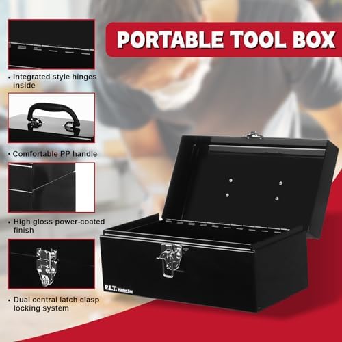 P.I.T. Metal Tool Box 12 Inch,Portable Small Toolbox with Latch,Black