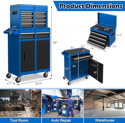 DREAMADE 5-Drawer Tool Chest Combo, Rolling Tool Cabinet w/Detachable Top Tool Box, Adjustable Shelves, Lockable Wheels, Metal Tool Box for Garage, Workshop, Repair Shop Storage (Blue)