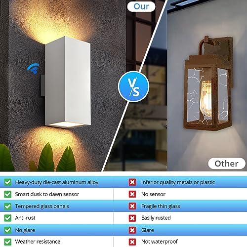 wowlite White Square Outdoor Wall Sconces, Dusk to Dawn, Up & Down, 2 Pack