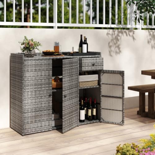 Tangkula Rattan Outdoor Storage Cabinet with 2 Adjustable Shelves