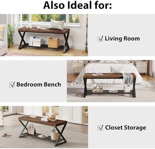 LVB Rustic Brown Entryway Bench, 39" Industrial Shoe Bench with Storage