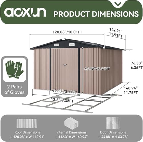 Aoxun 10x12 FT Galvanized Steel Outdoor Storage Shed with Base, Brown