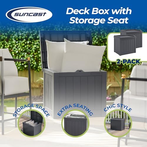 Suncast 2 Pack 22 Gallon Indoor or Outdoor Backyard Patio Small Storage Deck Box with Attractive Bench Seat and Reinforced Lid, Stone Gray