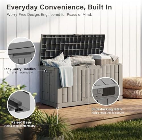 EAST OAK Outdoor Storage Box, 60 Gallon Deck Box Indoor and Outdoor Use, Waterproof Resin Storage Bin for Patio Cushions, Gardening Tools, Lockable, UV Resistant, Grey