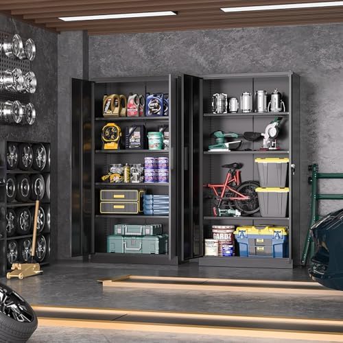 Greenvelly Metal Cabinet, 72” Black Tool Steel Locking Cabinet with Doors and 4 Shelves, Tall Cabinets for Garage Storage Systems Lockable File Cabinet for Home Office, Classroom/Pantry