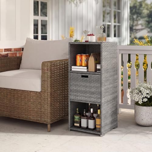 Tangkula Rattan Outdoor Storage Cabinet, Patiojoy Outdoor Wicker Cabinet with 3 Shelves, 1 Removable Drawer, Patio Storage Deck Box for Backyard Poolside Porch