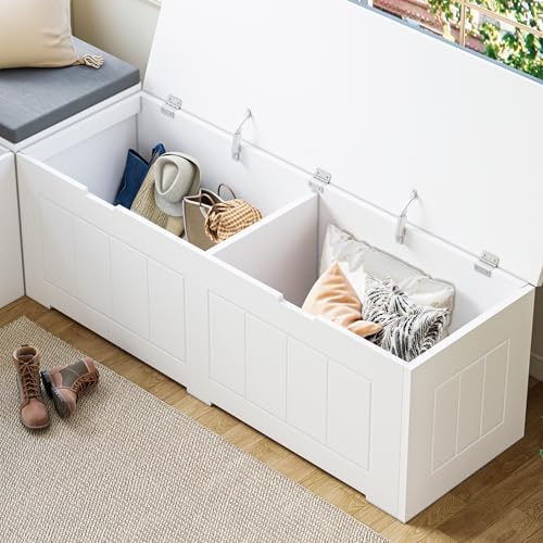 L-Shaped Corner Storage Bench Compartments & Cushioned Seat, Kitchen Breakfast Nook Bench with Hidden Storage, Wood Flip-Top Shoe Benches for Entryway Cloakroom, White & Grey