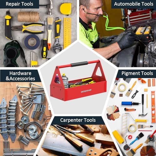 UNITEDPOWER Handy Tool Box, Portable Metal Tote Tray, Red