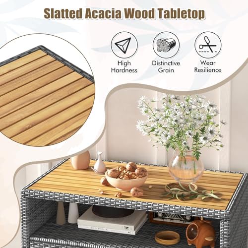 HAPPYGRILL Outdoor Rattan Storage Cabinet, Patio Sideboard Buffet Cabinet with Acacia Wood Countertop, Open Shelf & 2 Door Cabinet, Wicker Storage Organizer for Garden Tools (Mixed Grey)