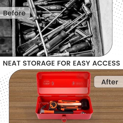 Large Metal Tool Storage Box with Handle for Workshop,15 inches Portable Tool Case with Lid，Locking Organiser Box for Hardware Part(red)
