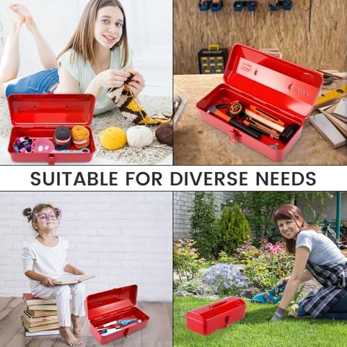 Large Metal Tool Storage Box with Handle for Workshop,15 inches Portable Tool Case with Lid，Locking Organiser Box for Hardware Part(red)