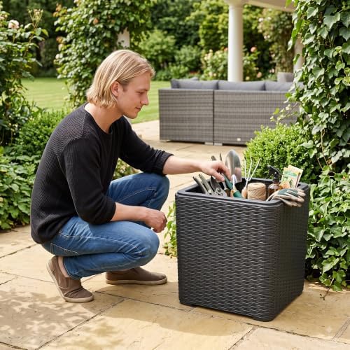 12 Gallon Outdoor Deck Box, Lockable Waterproof Resin Storage Bin, Weatherproof Container for Patio Cushions, Garden Tools & Outdoor Accessories (Black)