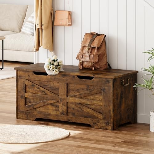 IDEALHOSUE 39.4" Storage Chest, Wooden Storage Bench with Safety Hinge, Retro Blanket Storage Trunk for Entryway, Living Room, Supports 350 lb, Rustic Brown