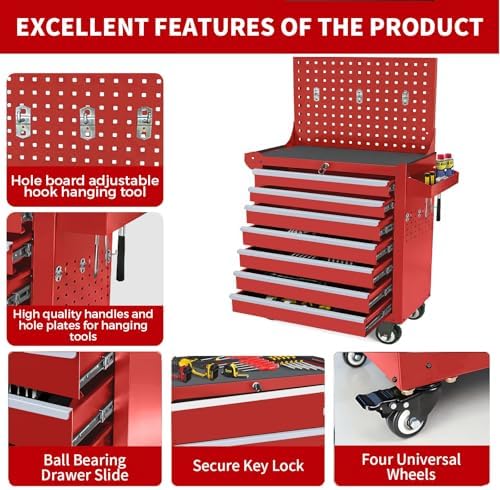 Rolling Tool Chest with Wheels, 7 Drawers Metal Tool Box with Pegboard