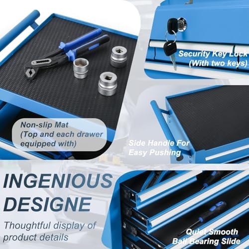8-Drawer Rolling Tool Chest with Detachable Top Tool Box, Tool Cabinet with Universal Lockable Wheels, Mechanic Tool Organizer Storage Box for Garage Workshop Repair Shop Warehouse (Blue)