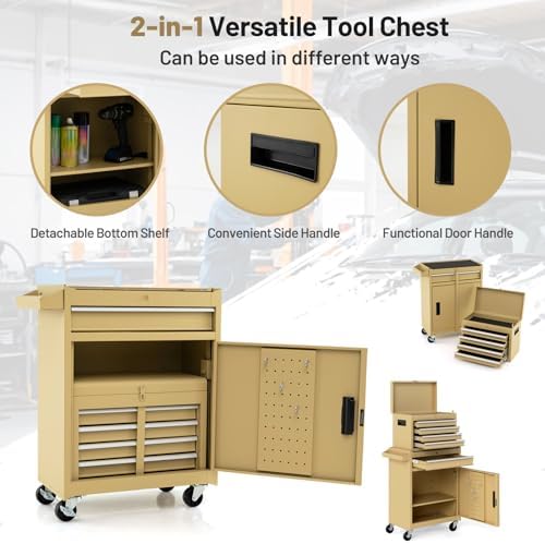 TANGZON Rolling Tool Chest, 2-in-1 Large Capacity Tool Cabinet with Wheels, 5 Drawers & Auto-Locking System, Heavy-Duty Metal Toolbox for Workshop, Warehouse, Garage (Yellow)
