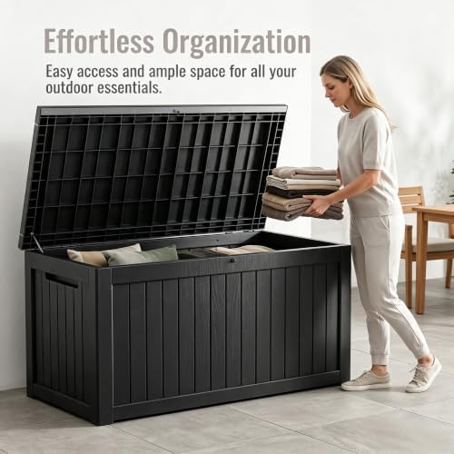 MAKINO 198 Gallon Large Resin Outdoor Storage Box, Waterproof Deck Box, Lockable Deck Container with Reinforced Support, Outdoor Chest for Patio Accessories, Outdoor Cushions, Garden Tools, Black