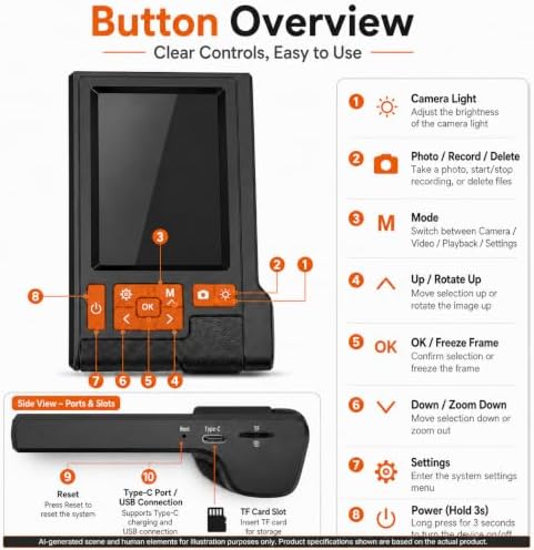 dual lens borescope camera 33ft with 4.3'' hd on a desk or shelf