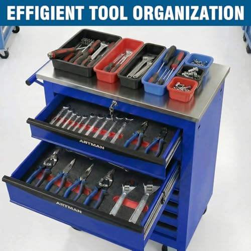 7-Drawer Rolling Tool Chest with Stainless Steel Countertop,Tool Chest with Secure Locking System,Mobile Storage Tool Cabinet with 360°Wheels and Padded Feet,for Home,Garage (Blue)
