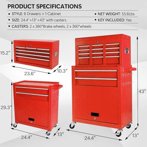 8 Drawers Rolling Tool Chest, 2-in-1 Detachable Metal Tool Storage Cabinet with Wheels, Lockable Tool Cart with Hooks for Garage, Workshop or Salon Use, Red