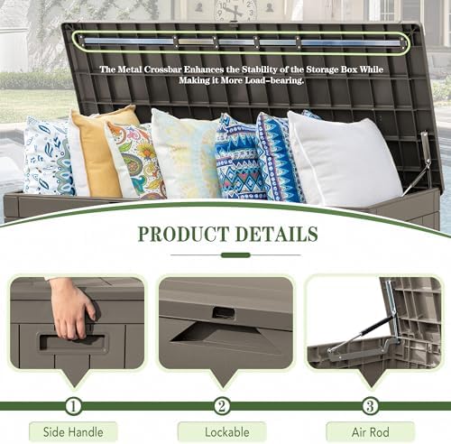 Greesum 100 Gallon Resin Deck Box Large Outdoor Storage, Imitation Rattan Weave Texture for Patio Furniture, Garden Tools, Pool Supplies, Weatherproof and UV Resistant, Lockable, Light Coffee