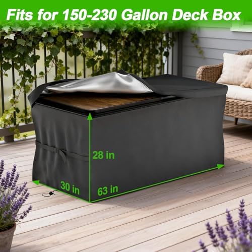 EVRBUL Upgraded Deck Box Cover 63×30×28 Inch for 150-230 Gallon Outdoor Storage Container Heavy Duty 420D Cover with Durable Two-way Zipper Windproof Buckles and Drawstrings
