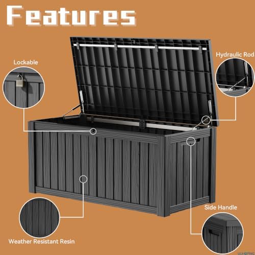 150 Gallon Outdoor Deck Box, Resin Waterproof Storage Box With Lockable Lid, UV-Resistant Multi-Purpose Outdoor Storage Bench for Patio Cushions, Garden Tools, Pool Accessories (Black)