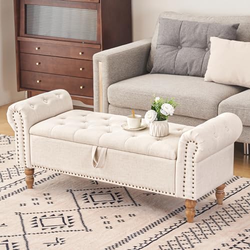 Furniliving 51” Storage Benches, End of Bed Bench with Button-Tufted Large Upholstered Storage Ottoman Linen Window Bench with Storage Shoe Cabinet Bench, for Bedroom, Entryway, Closet, Beige