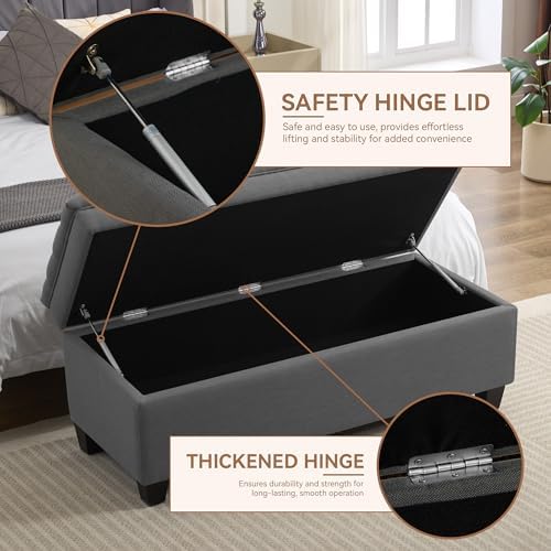 WUTUTUEE 50" Fabric Storage Ottoman Bench, Upholstered Rectangle End of Bed Storage Ottoman Tufted Living Room Bedroom Bench with Safety Hinge, Solid Wood Legs, Loads 500 lb(Dark Grey)