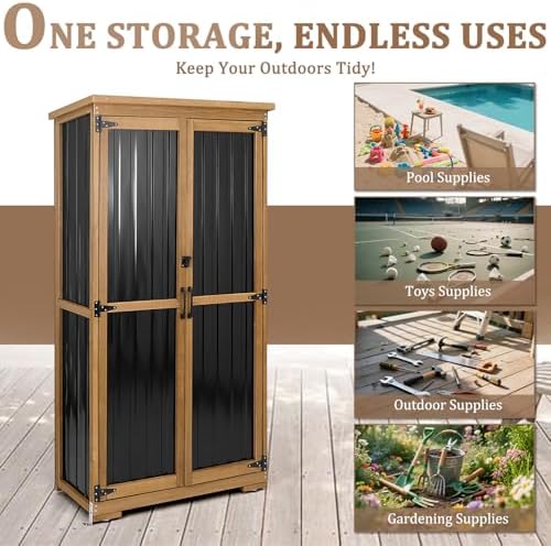 Outdoor Storage Cabinet, Wood & Metal Storage Shed with Weather-Resistant Roof, Removable Shelves, Lockable Doors, Outside Storage Tool Organizer for Garden, Patio, Backyard, Garage, Pool