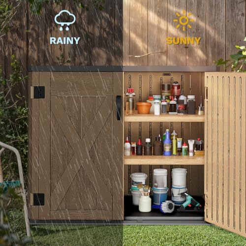 DWVO Outdoor Storage Shed, Weatherproof Resin, 35 Cu Ft Capacity, Horizontal Design, X-Shaped Lockable Door, Suitable for Bike, Garden Tools, Trash Cans, Brown