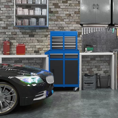 DREAMADE 5-Drawer Tool Chest Combo, Rolling Tool Cabinet w/Detachable Top Tool Box, Adjustable Shelves, Lockable Wheels, Metal Tool Box for Garage, Workshop, Repair Shop Storage (Blue)