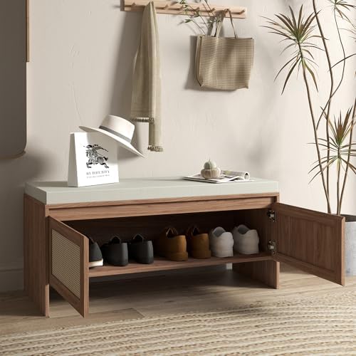 SOFTSEA 39.4" Shoe Storage Bench with Rattan Doors & Cushion, Natural