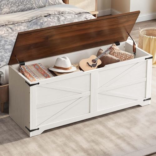 DWVO Storage Bench 47.2", Hidden Storage, Slow-Close Hinges, White/Walnut