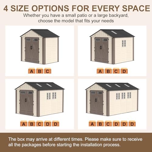 8x12 Ft Outdoor Storage Shed with Floor, Large Resin Outdoor Shed with Lockable Doors, 5 Fixed Windows & 6 Skylights, HDPE Garden Sheds for Backyard, Lawn Tools, Pool & Bike Supplies, Khaki