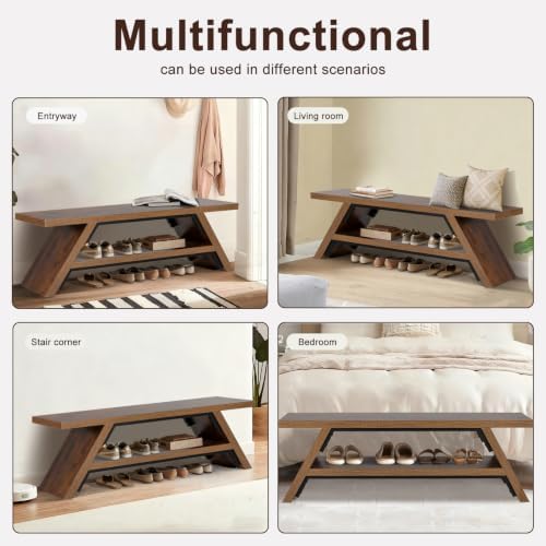 2-Tier Shoe Storage Bench, 55" Large Solid Wood Entryway Stool Storage
