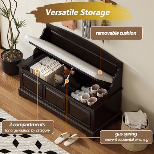 LUMISOL Shoe Storage Bench with Seating, 41.7” Farmhouse Entryway Bench with Cushion and Hidden Storage, Upholstered Storage Ottoman for Living Room, Entryway, Bedroom, Espresso