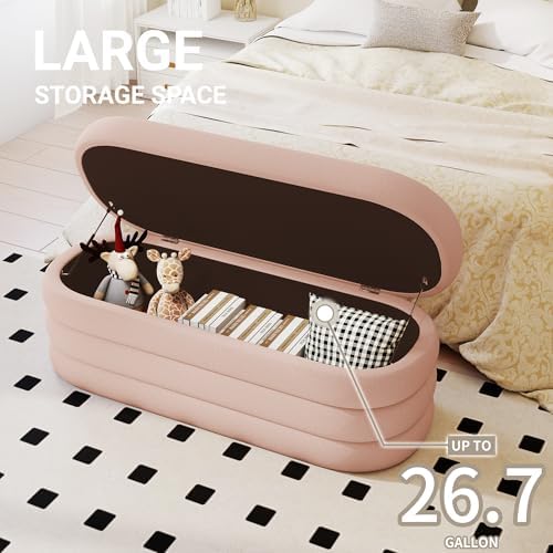 Busaurus Storage Ottoman Bench Upholstered Fabric Storage Bench for Bedroom End of Bed Aesthetic Large Oval Ottoman for Living Room Entryway (Pink)