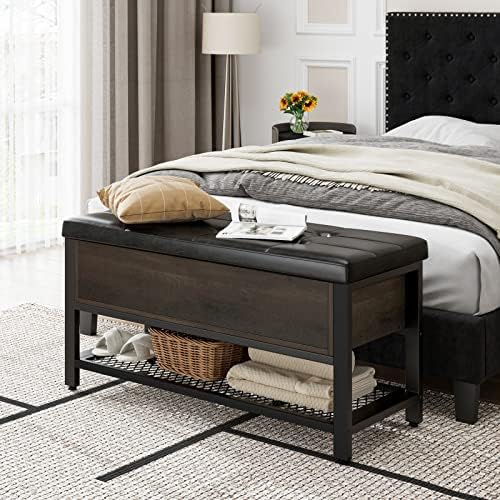 HOSTACK 40" W Storage Bench, Entryway Shoe Bench with Cushion, Dark Brown