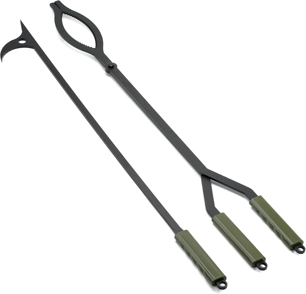 stanbroil 40" firewood tongs and fire poker set shown in use