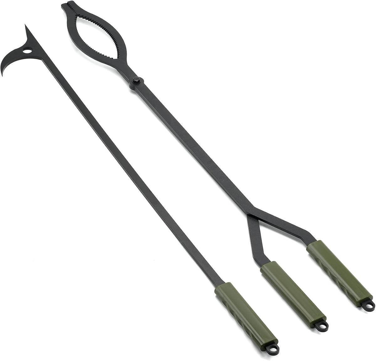 stanbroil 40" firewood tongs and fire poker set shown in use