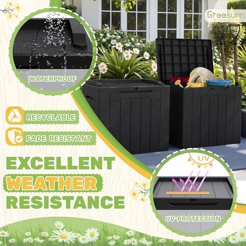 Greesum 31 Gallon Deck Box for Outside, All Weather Outdoor Storage Boxes for Patio Furniture Set, Package Delivery Box, Garden Tools, Black(Set of 2)