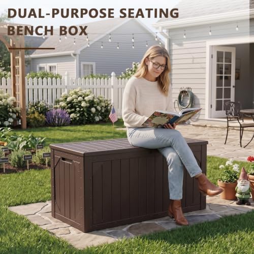 100 Gallon Outdoor Storage Box, Waterproof Large Resin Deck Box Lockable, Outside Storage Bin for Backyard Porch Patio Furniture Garden Tools, Brown
