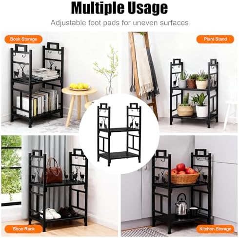 Outvita 2 Tier Firewood Log Rack, Iron Lumber Storage Holder, Wood Pile Stacker Organizer for Indoor Outdoor Fireplace Stove Pit with 4 Fire Tools Hanging Hooks Christmas Elements Black