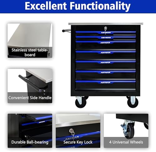 RYH 7 Drawers Rolling Tool Chest (Black-Blue, 7-Drawers 30.7" H×25.9" W)
