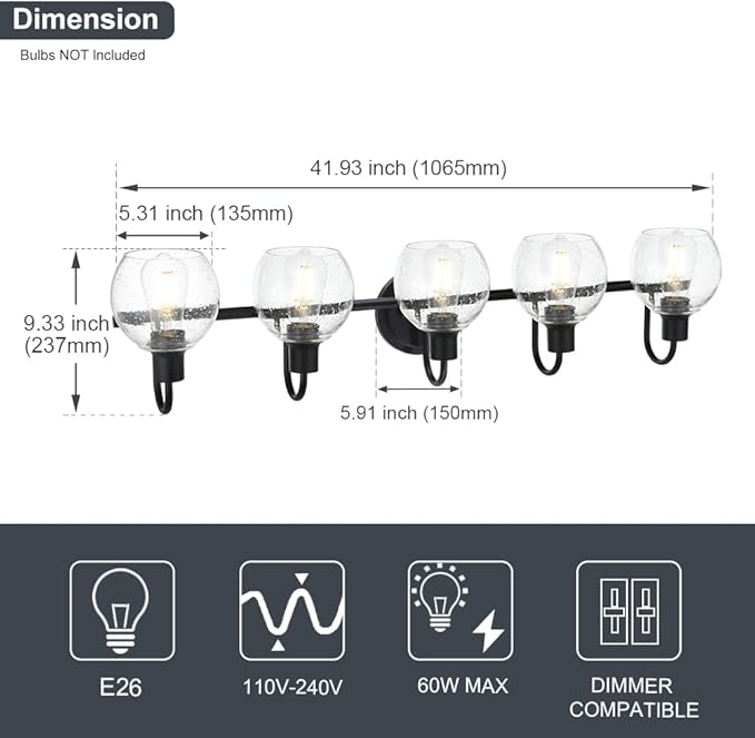 WINSHEN 5-Lights Black Bathroom Vanity Light Fixtures Over Mirror, Modern